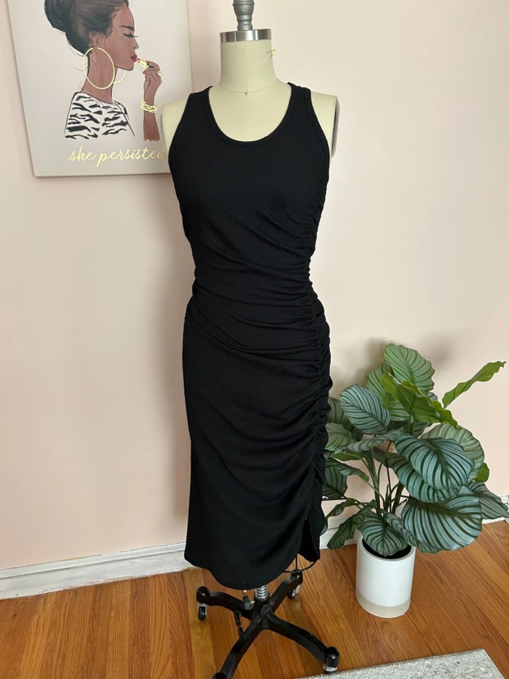 Black Ruched Tank Midi Dress